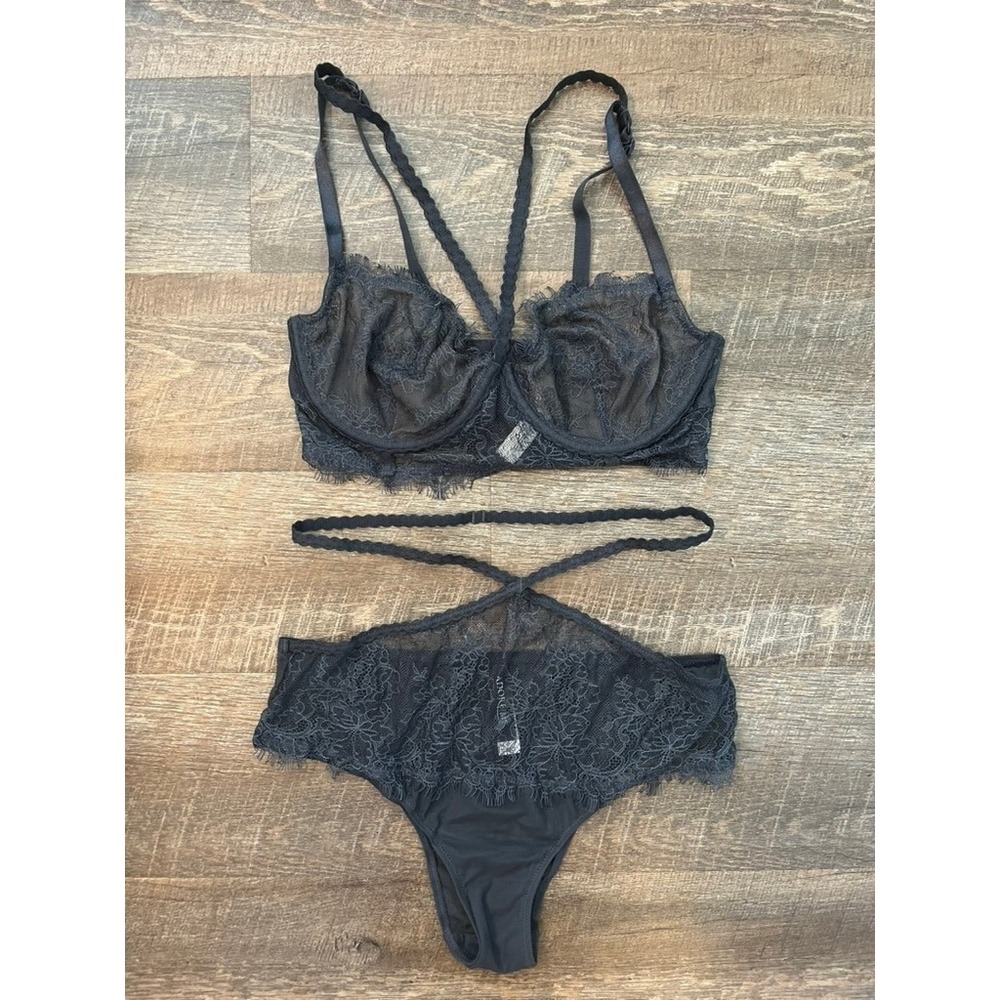 Adore Me Dark Purple Gray Lace Underwire Bra and Thong Lingerie Set 34D Medium